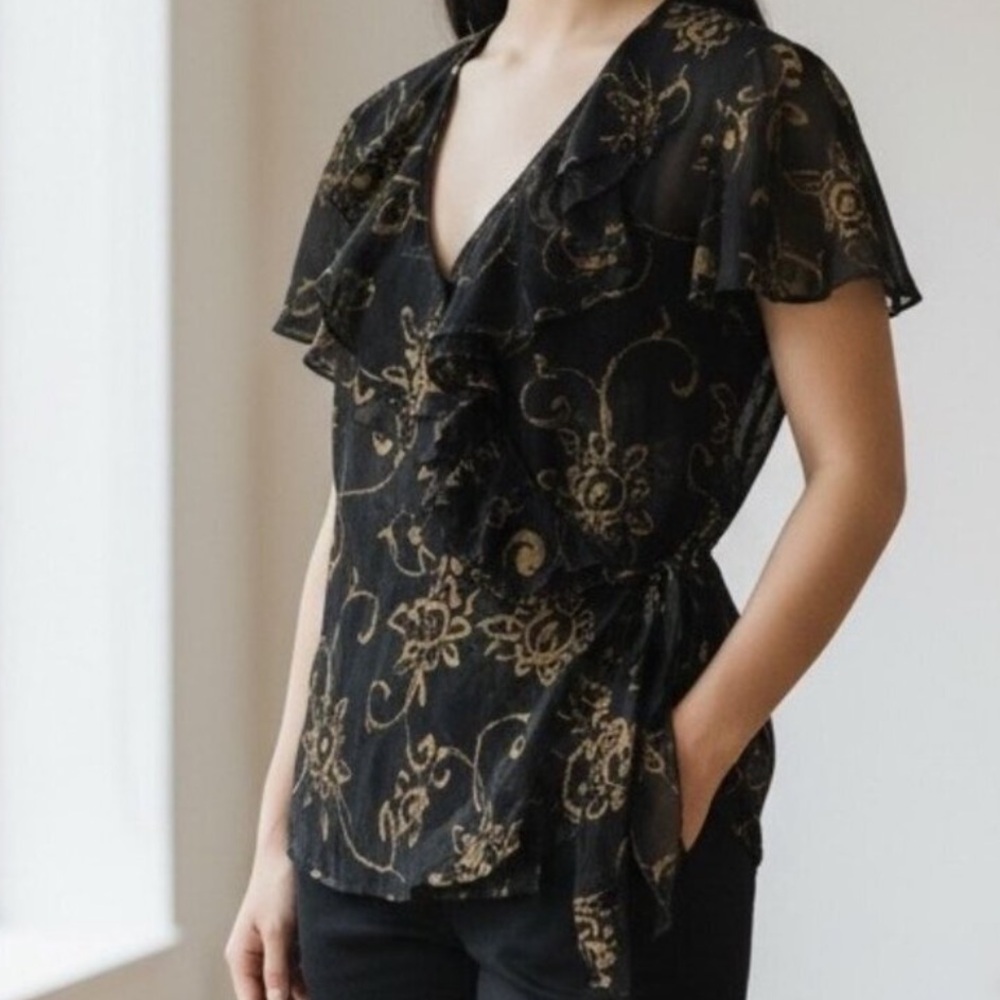 Lauren Ralph Lauren Black Chiffon Top with Gold Floral Design